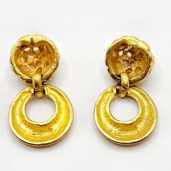 Vintage Unsigned Anne Klein Gold-Tone Basket Weave Hoop Drop Earrings, Pierced - Picture 4 of 8